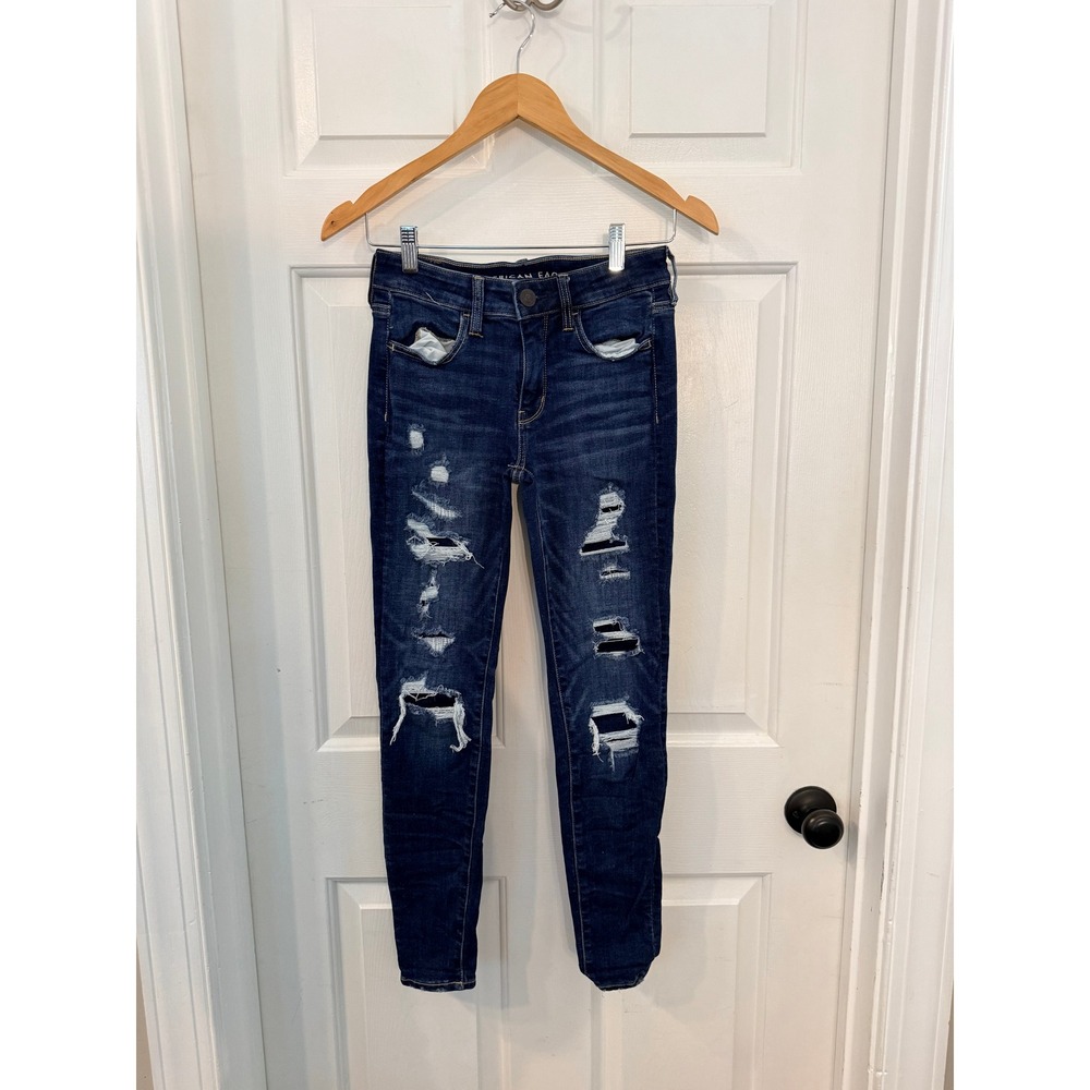 American Eagle Next Level Stretch Skinny Jeans Womens Dark Wash Distressed Blue